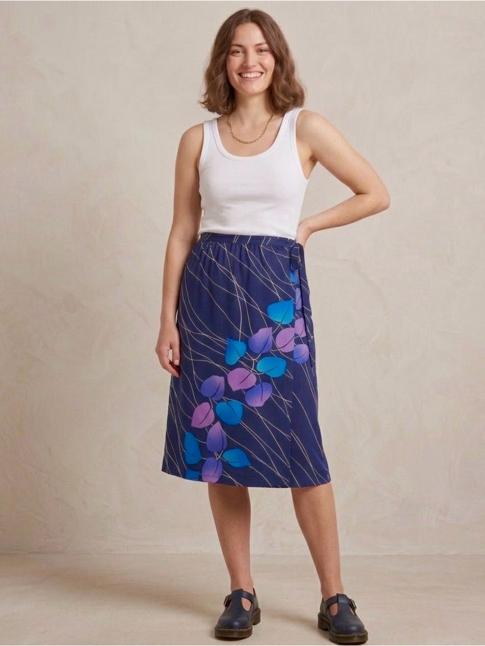 Vintage Roxanne Navy Abstract Leaf Purple Blue Midi Skirt 70s Retro High Slit M